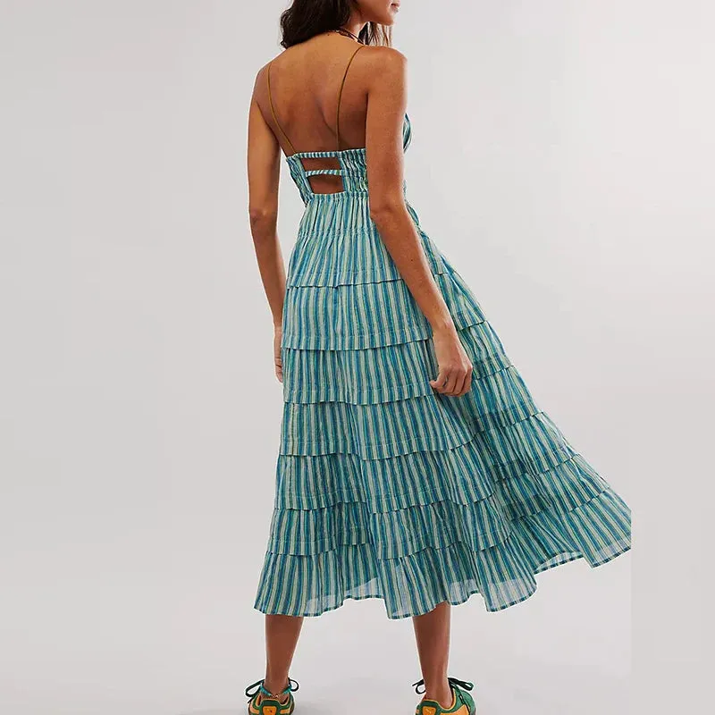 Spaghetti Strap Holiday Women's Slash Neck High Waist Long Casual Stripe Pleated Bohemian Vestidos Floral Fashion Dress