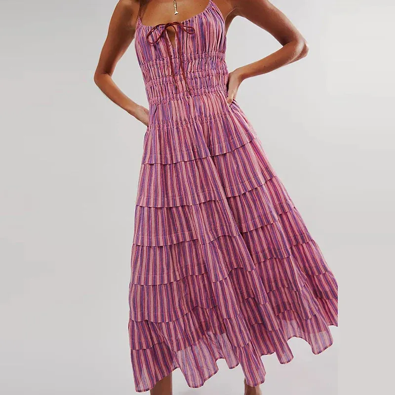 Spaghetti Strap Holiday Women's Slash Neck High Waist Long Casual Stripe Pleated Bohemian Vestidos Floral Fashion Dress