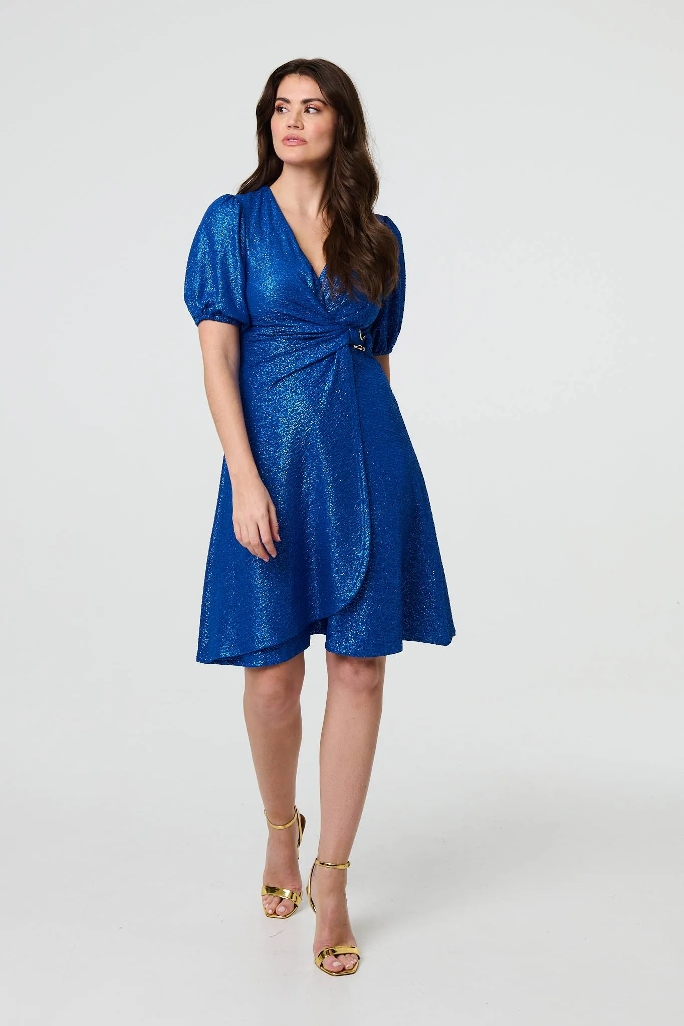 Sparkly 1/2 Sleeve Belted Wrap Midi Dress