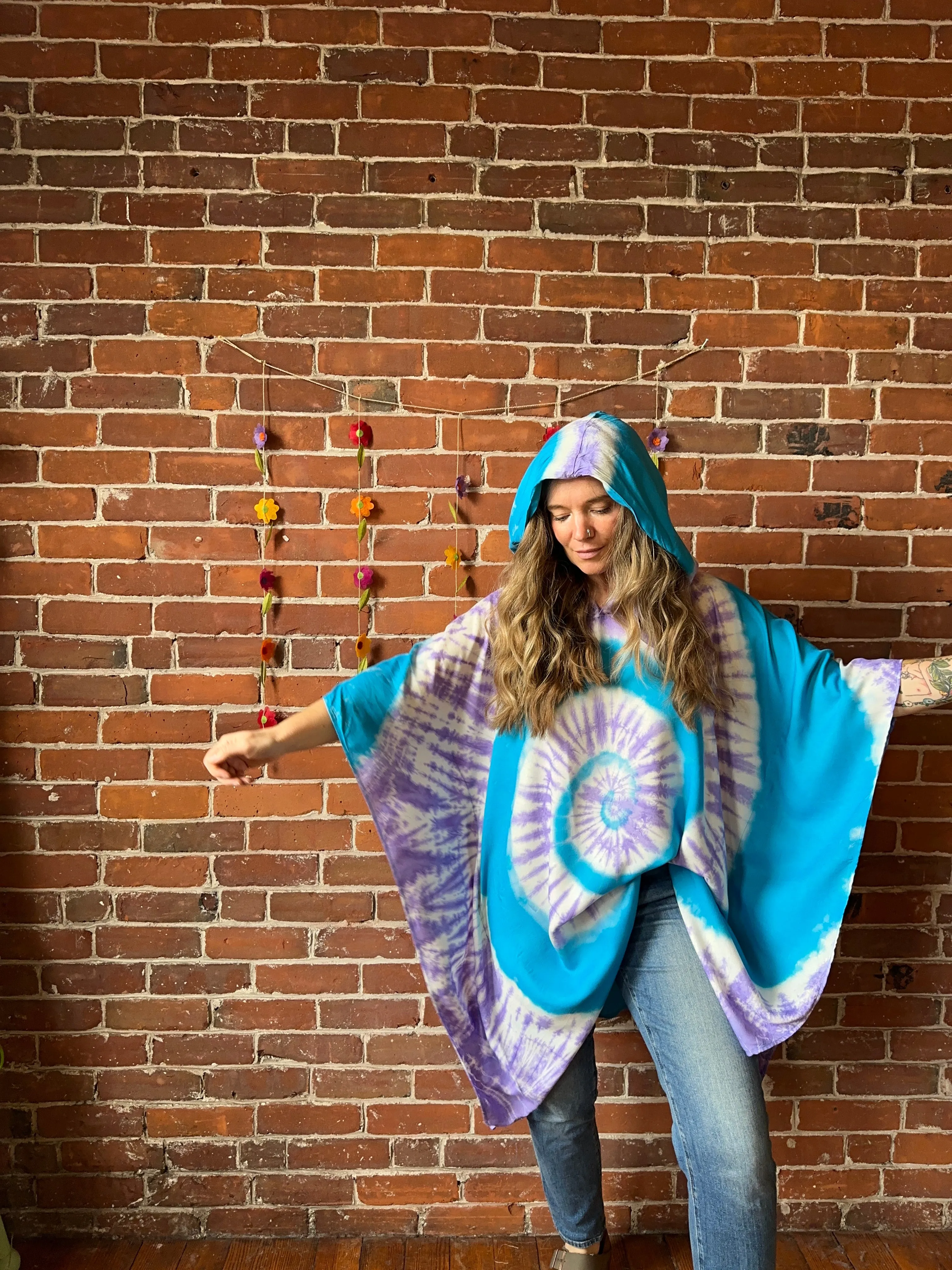 Spiral Blue Purple Tie Dye Poncho Hoodie