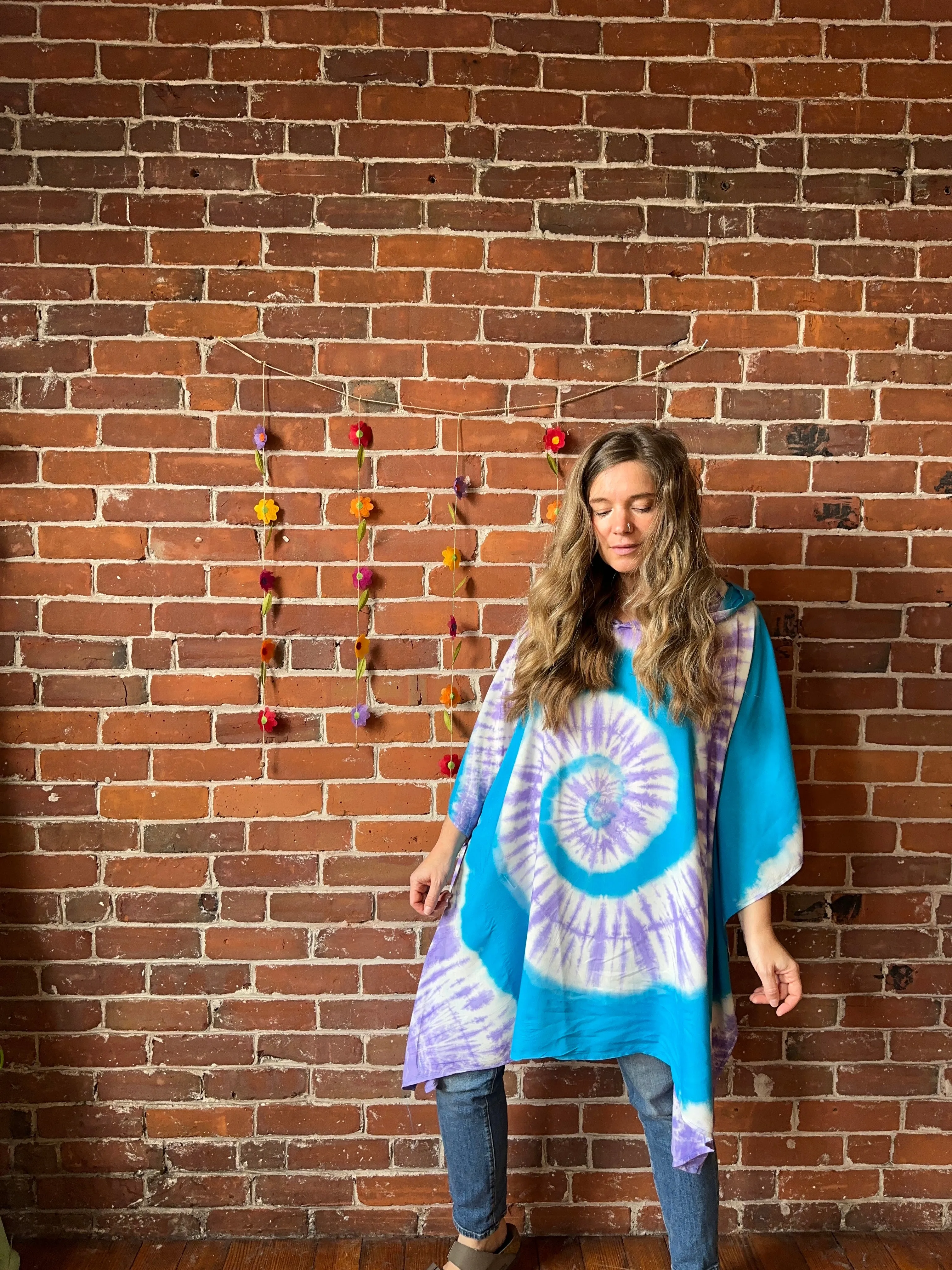 Spiral Blue Purple Tie Dye Poncho Hoodie