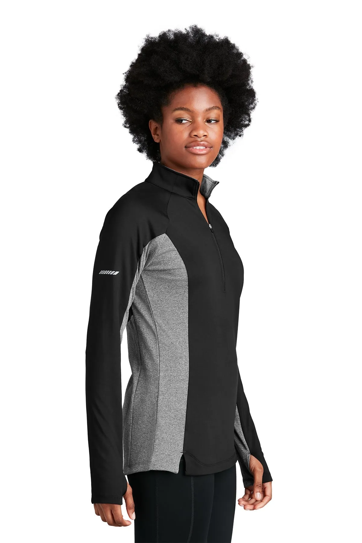 Sport-Tek Ladies Sport-Wick Stretch Contrast Customized 1/2-Zip Pullovers, Black/ Charcoal Grey Heather