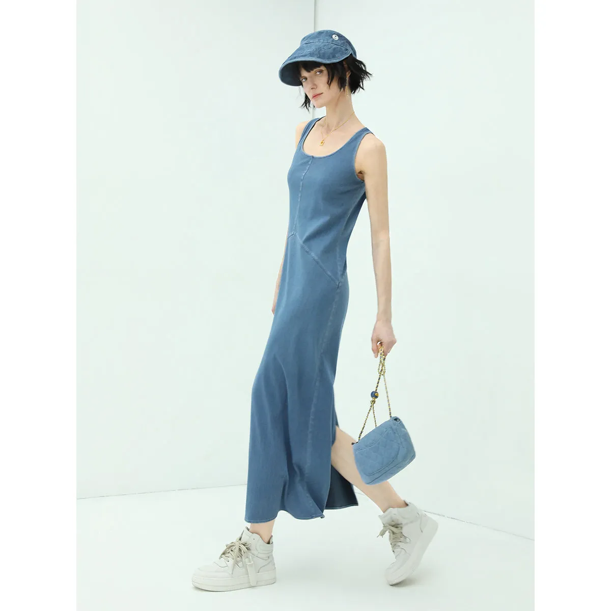 Sporty Scoop Neck Blue Denim Tank Dress