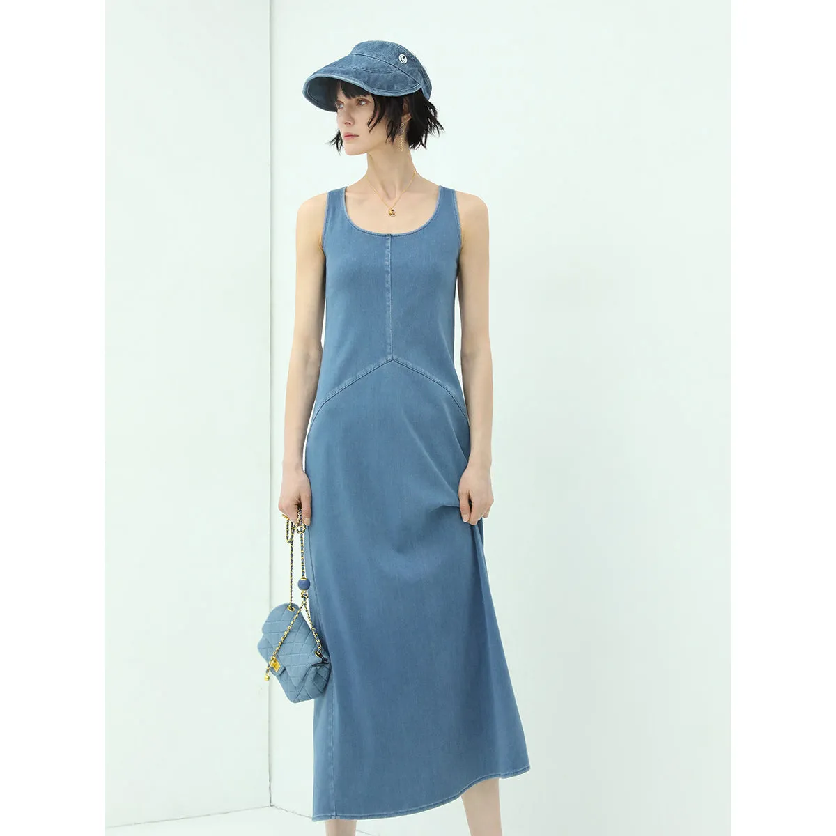 Sporty Scoop Neck Blue Denim Tank Dress