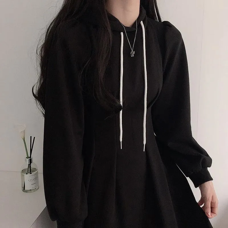 Sporty Teenage Fashion Hooded Black Grey Dress