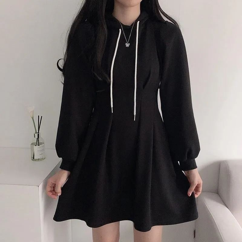 Sporty Teenage Fashion Hooded Black Grey Dress