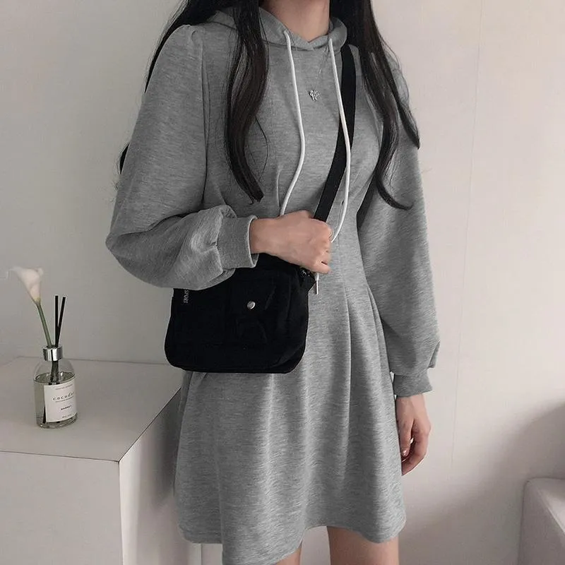 Sporty Teenage Fashion Hooded Black Grey Dress