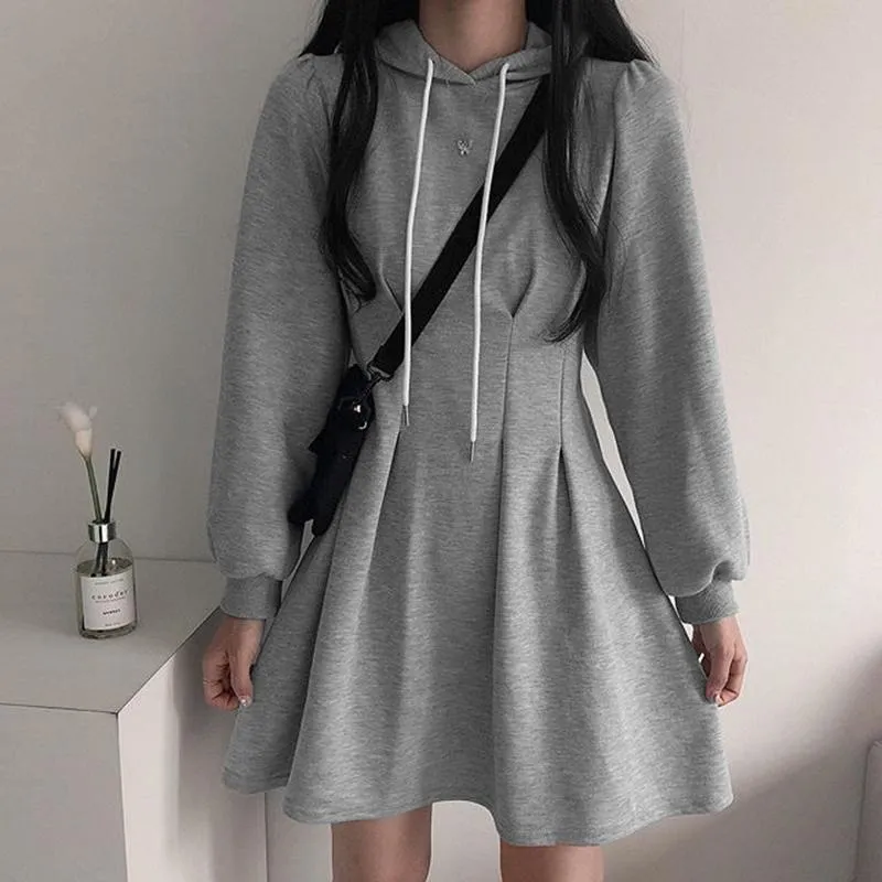 Sporty Teenage Fashion Hooded Black Grey Dress