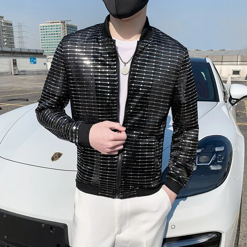 Spring New Sequined Bomber Jacket Men Long Sleeve Glitter Zipper Thin Coat Hip Hop Loose Night Club Stage Streetwear Coats