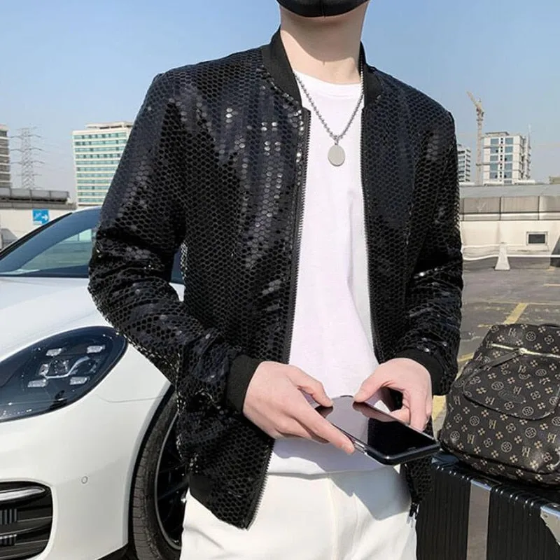 Spring New Sequined Bomber Jacket Men Long Sleeve Glitter Zipper Thin Coat Hip Hop Loose Night Club Stage Streetwear Coats