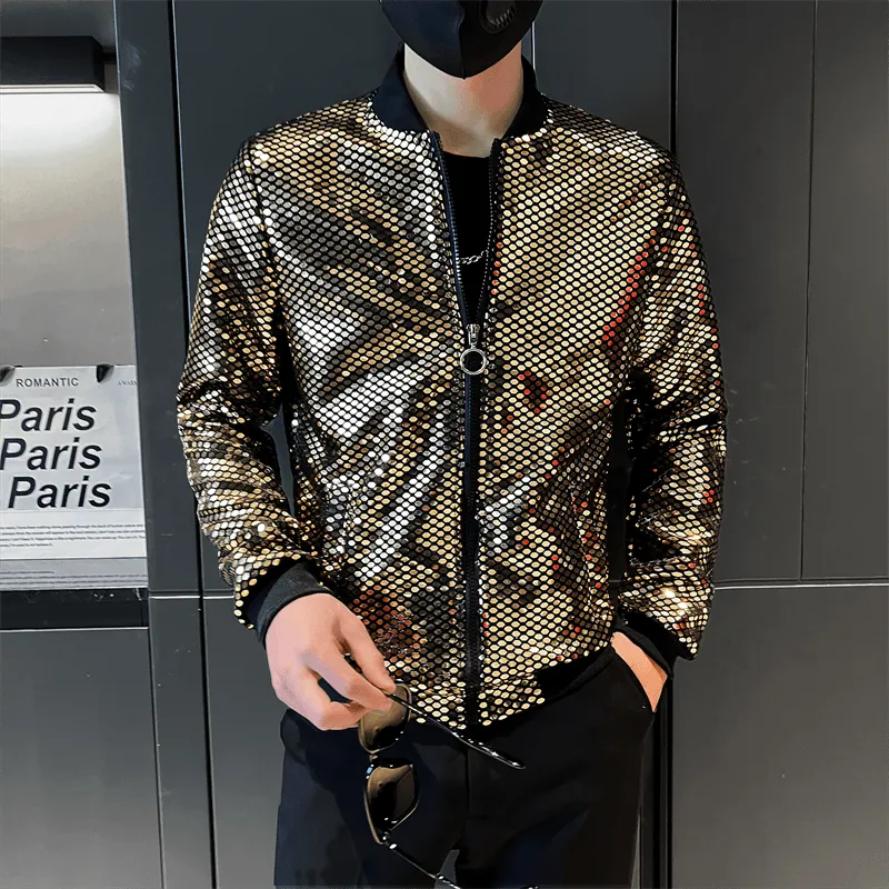 Spring New Sequined Bomber Jacket Men Long Sleeve Glitter Zipper Thin Coat Hip Hop Loose Night Club Stage Streetwear Coats