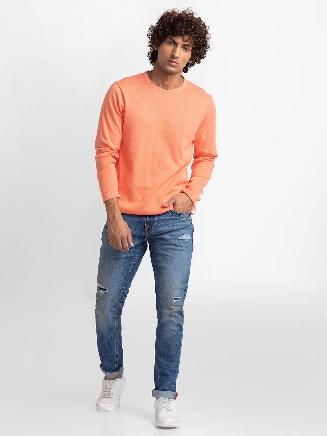 Spykar Coral Cotton Full Sleeve Casual Sweater For Men