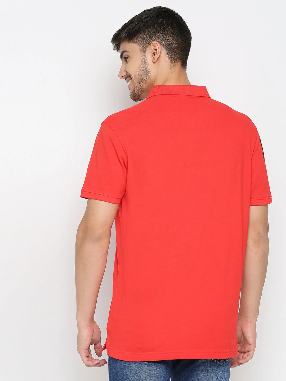 Spykar Deep Coral Cotton Half Sleeve Plain Polo T-Shirt For Men