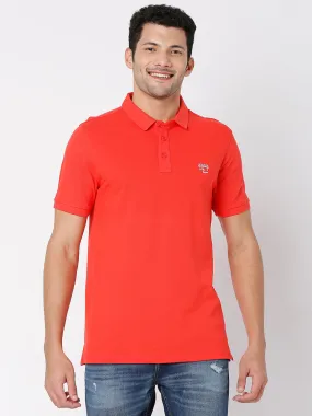 Spykar Men Deep Coral Cotton Half Sleeve Plain Casual Polo Tshirt