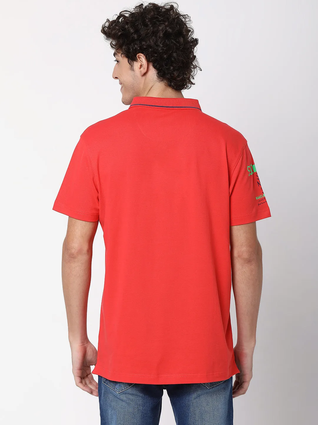 Spykar Men Deep Coral Cotton Half Sleeve Polo Tshirt