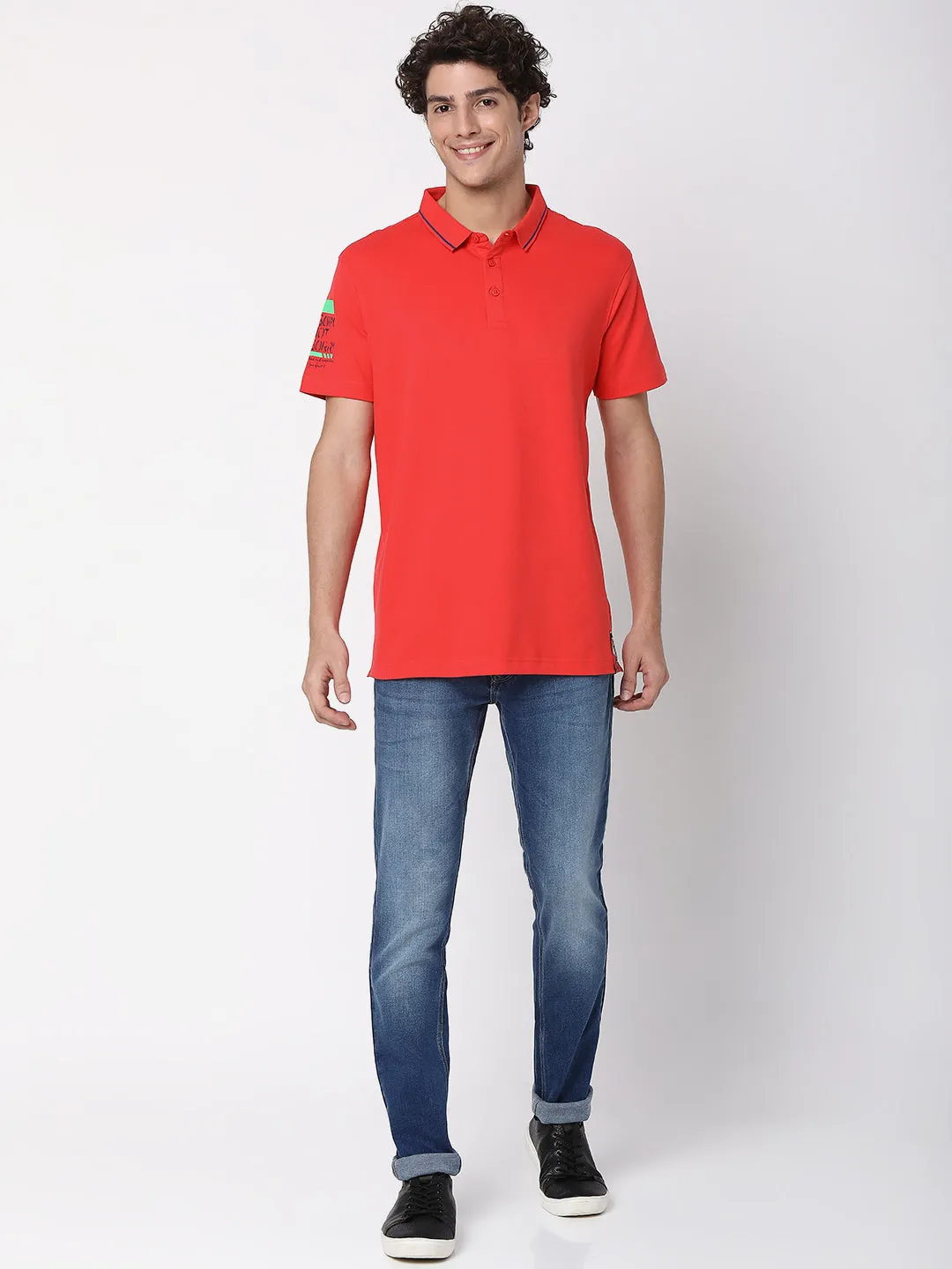 Spykar Men Deep Coral Cotton Half Sleeve Polo Tshirt