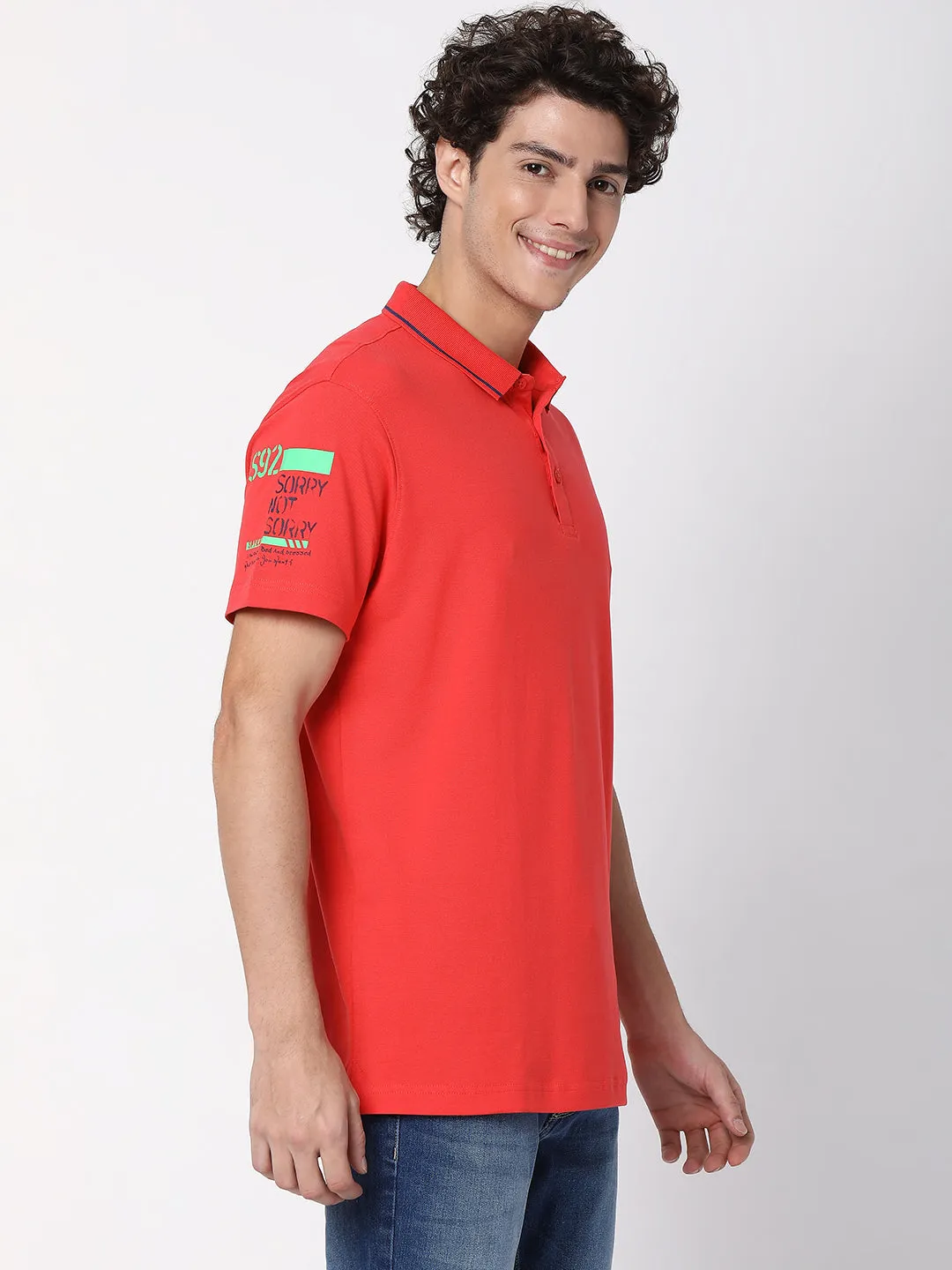 Spykar Men Deep Coral Cotton Half Sleeve Polo Tshirt