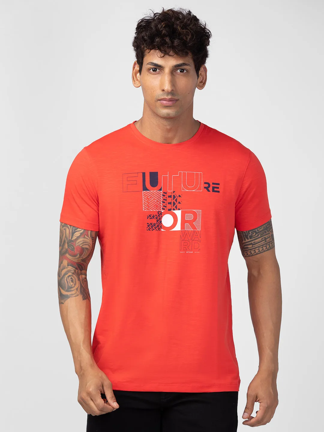 Spykar Men Deep Coral Cotton Regular Fit Half Sleeve Printed T-Shirt