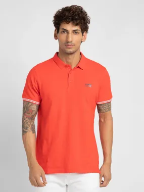 Spykar Men Deep Coral Cotton Slim Fit Plain Polo Neck Tshirt