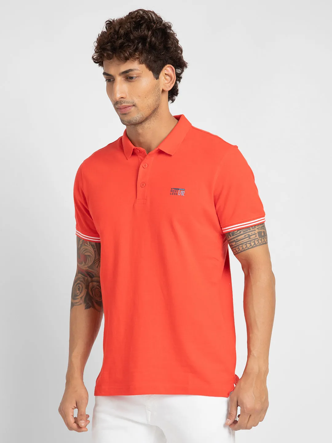 Spykar Men Deep Coral Cotton Slim Fit Plain Polo Neck Tshirt