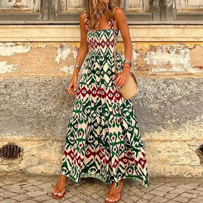 Square Neck High Waist Robe New Floral Print Spaghetti Strap Casual Pleated Bohemian Summer s Dress