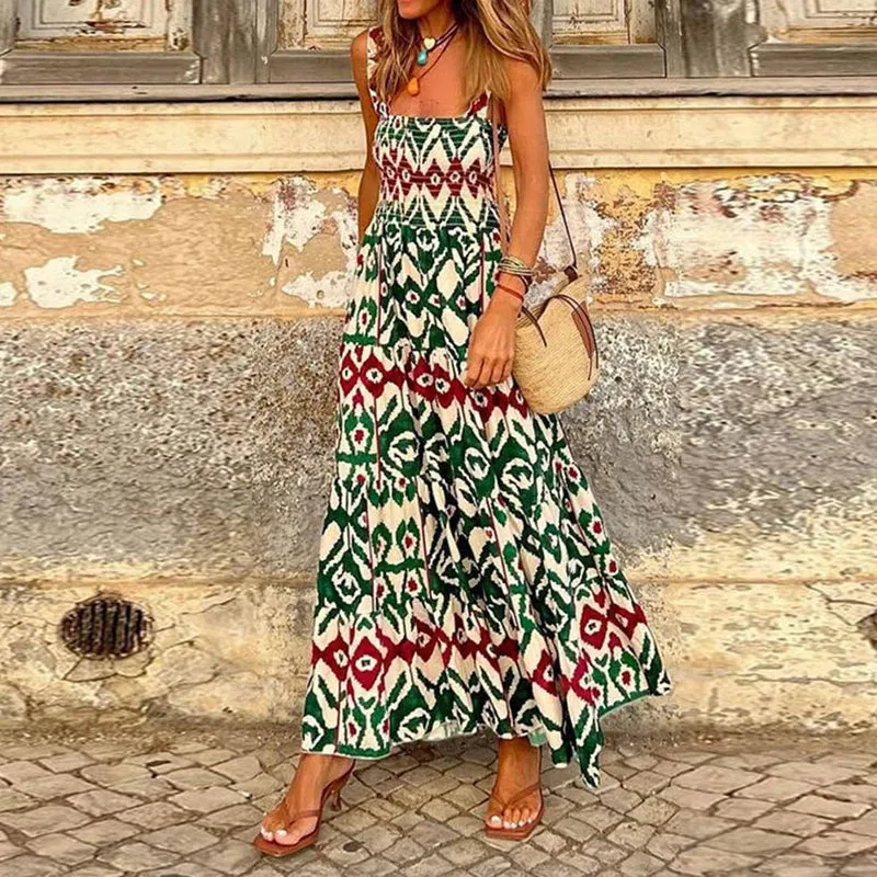 Square Neck High Waist Robe New Floral Print Spaghetti Strap Casual Pleated Bohemian Summer s Dress