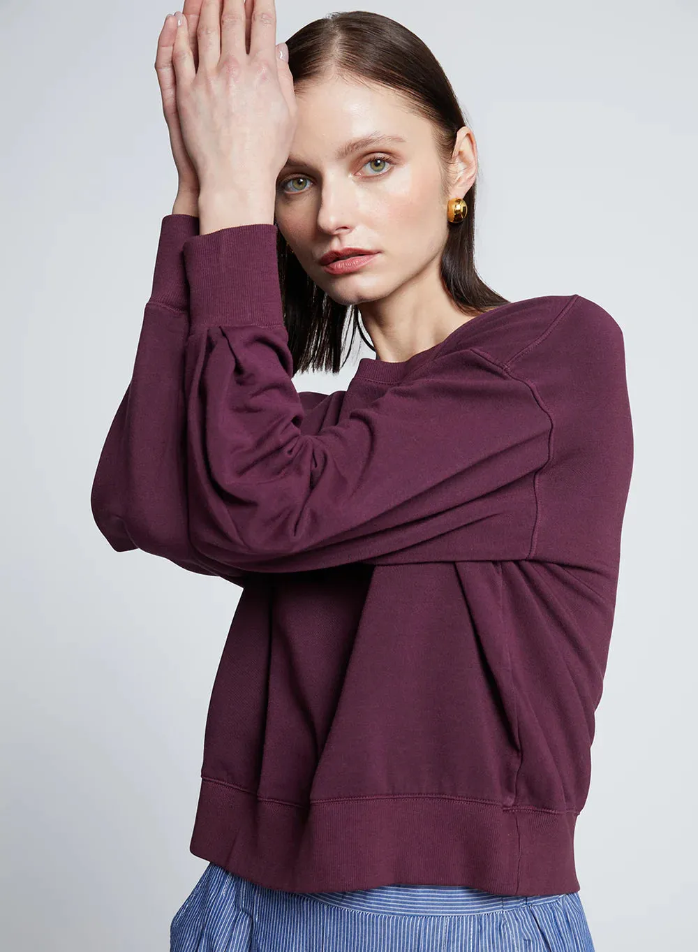 STA Cherry Liquor Fleece Cropped Pleated Sleeve Pullover