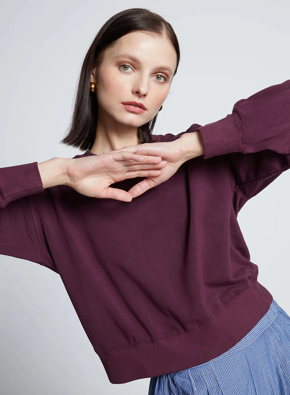 STA Cherry Liquor Fleece Cropped Pleated Sleeve Pullover