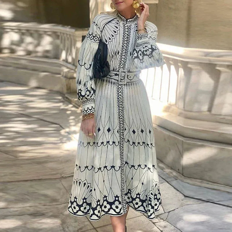 Stand Collar Button Big Hem Chic Long Sleeve Evening with Belt Elegant Ethnic Print Floral Retro Dress