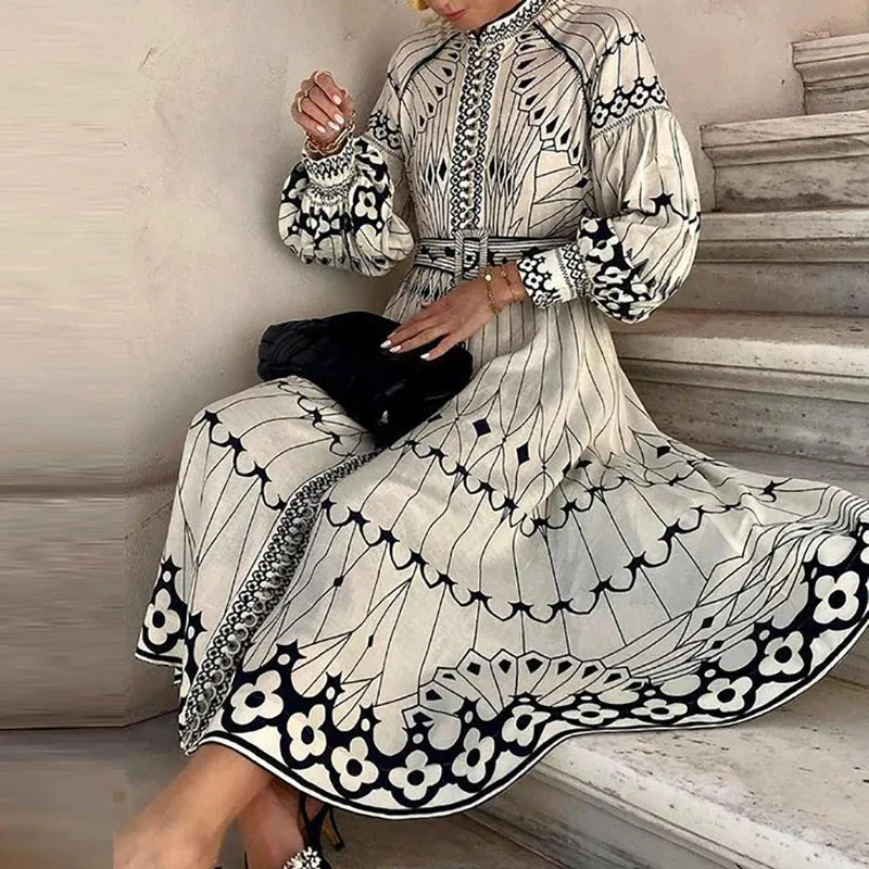 Stand Collar Button Big Hem Chic Long Sleeve Evening with Belt Elegant Ethnic Print Floral Retro Dress