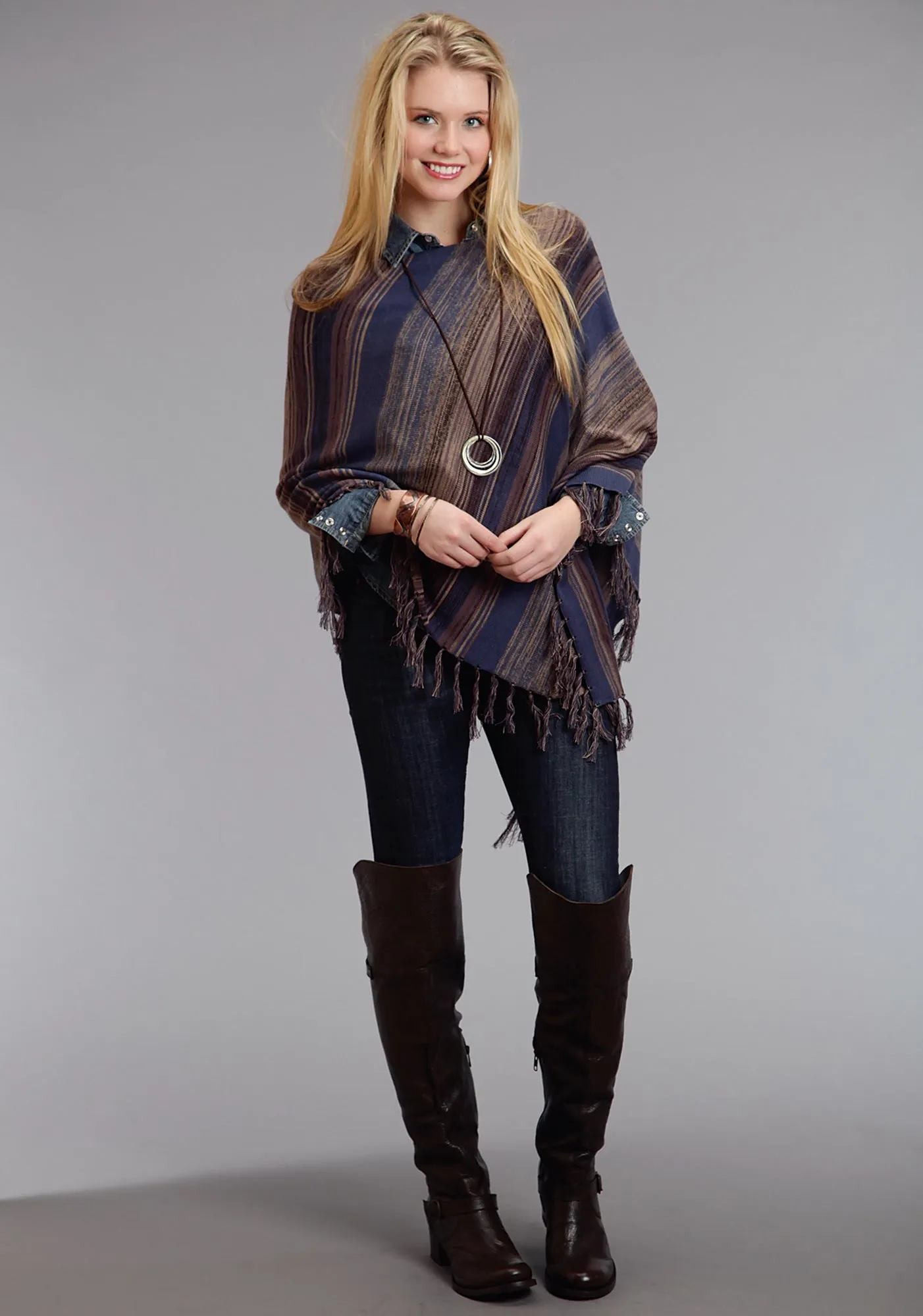 Stetson Womens Blue/Brown Asymmetrical Poncho