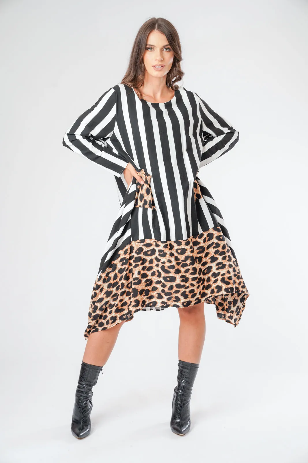 Stripe and Leopard Print Border Floaty Asymmetric Dress