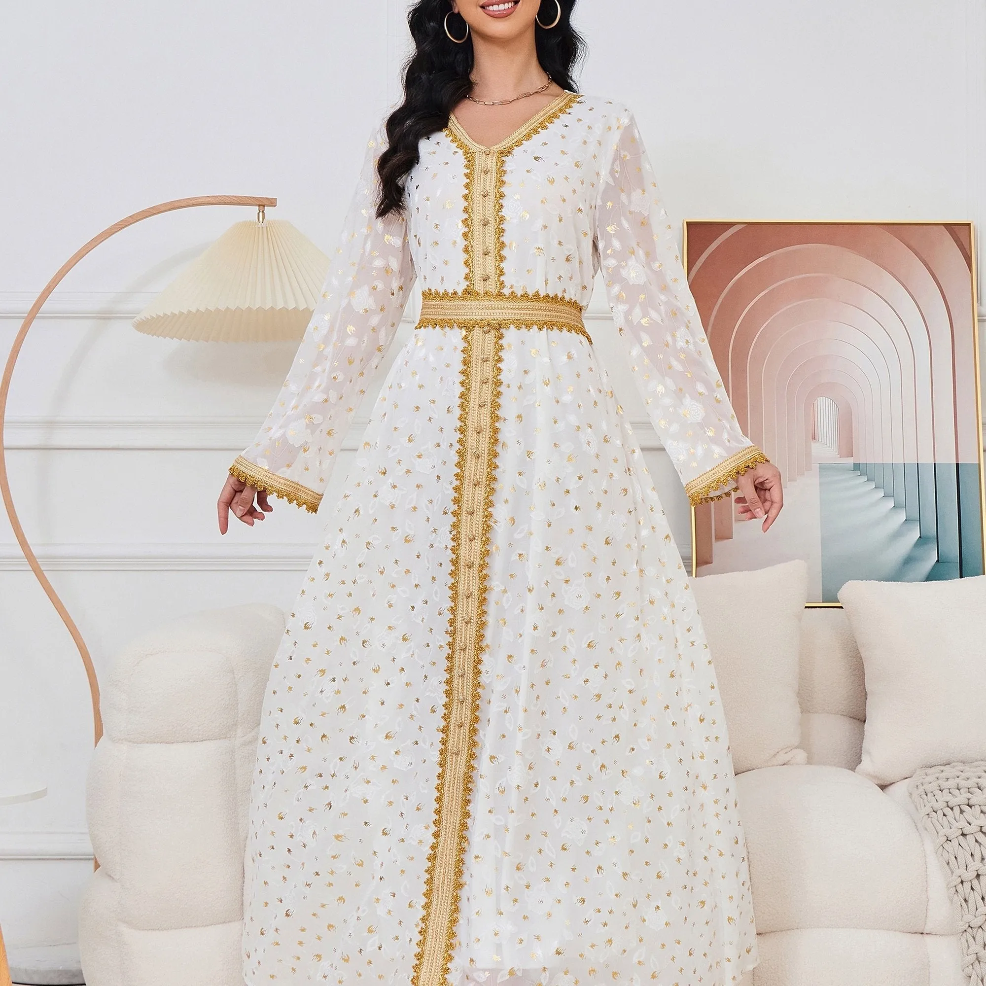 Stunning Floral V Neck Pendulum Maxi Dress - Elegant Long Sleeve, Belted, Woven Polyester Fabric, All-Season, Middle East Style - Perfect for Womens Formal Occasions