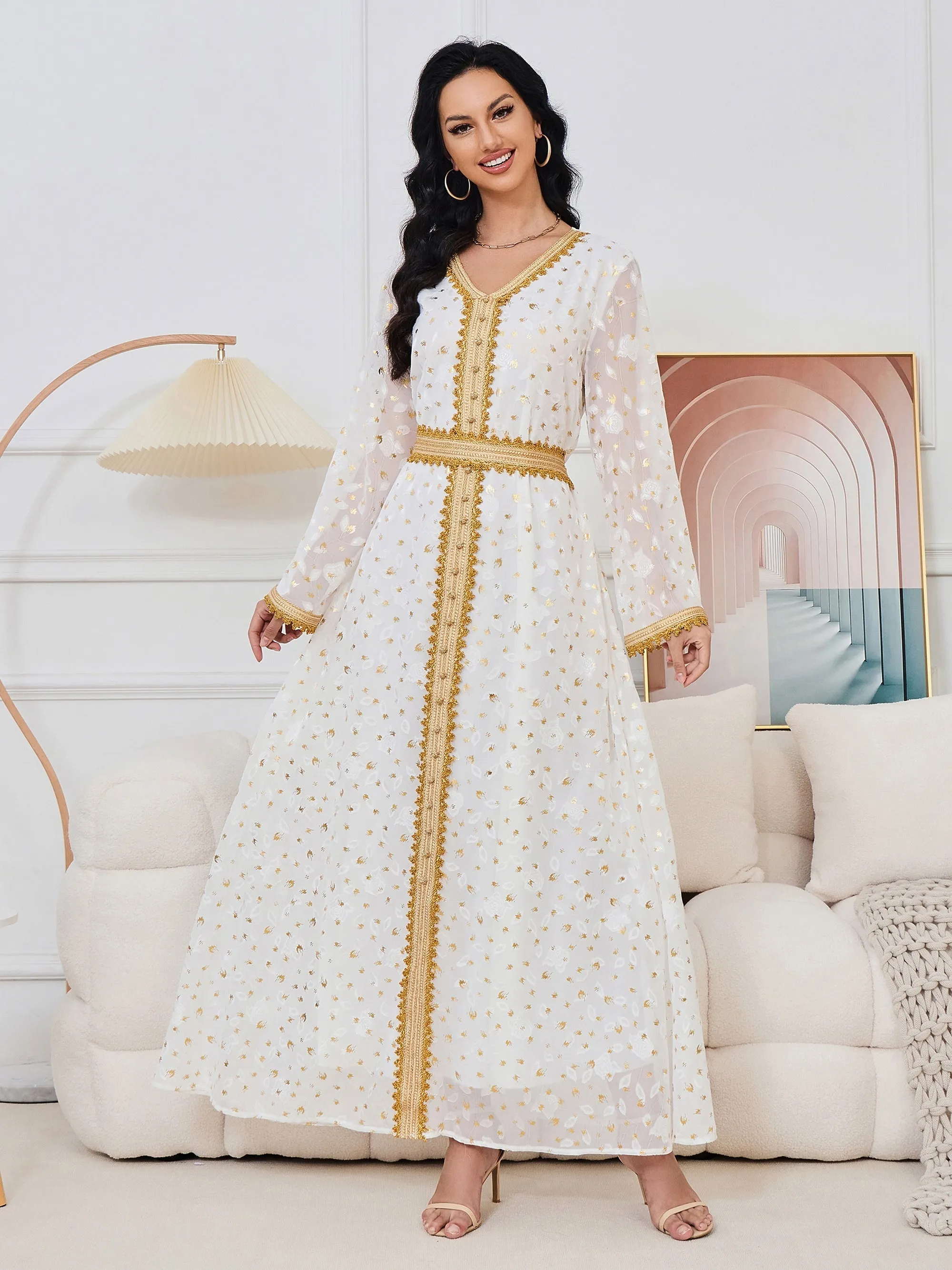 Stunning Floral V Neck Pendulum Maxi Dress - Elegant Long Sleeve, Belted, Woven Polyester Fabric, All-Season, Middle East Style - Perfect for Womens Formal Occasions