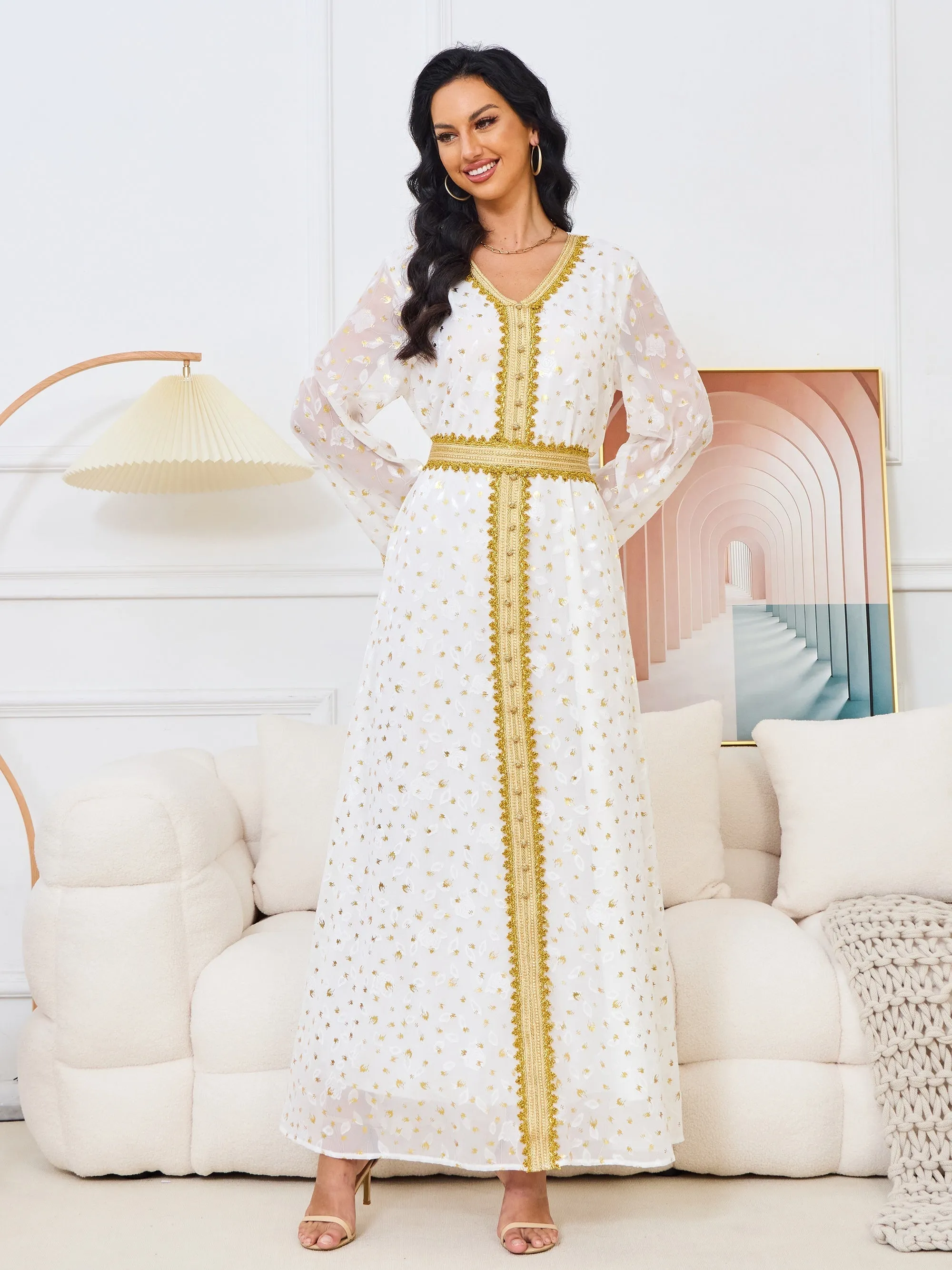 Stunning Floral V Neck Pendulum Maxi Dress - Elegant Long Sleeve, Belted, Woven Polyester Fabric, All-Season, Middle East Style - Perfect for Womens Formal Occasions