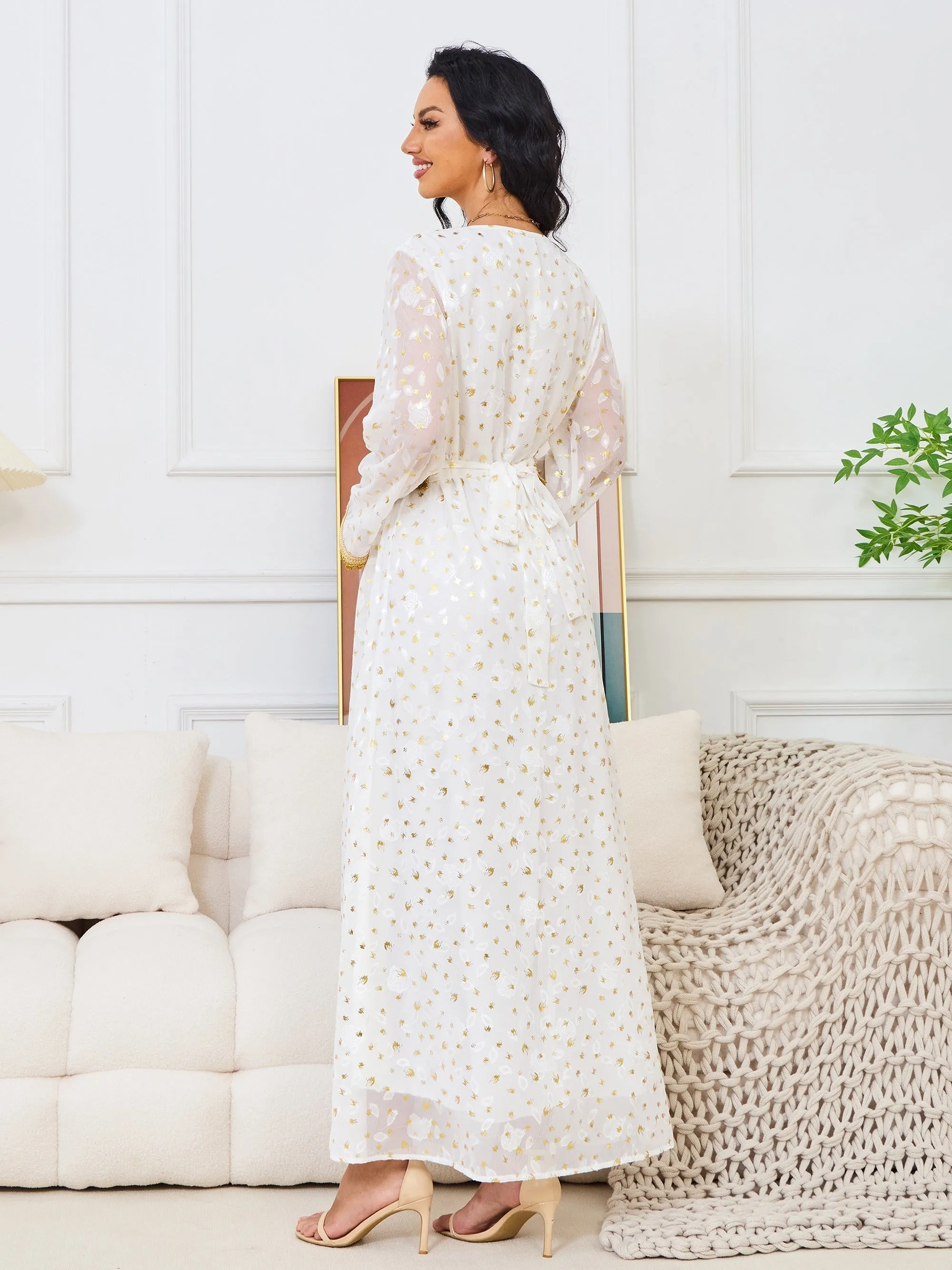 Stunning Floral V Neck Pendulum Maxi Dress - Elegant Long Sleeve, Belted, Woven Polyester Fabric, All-Season, Middle East Style - Perfect for Womens Formal Occasions