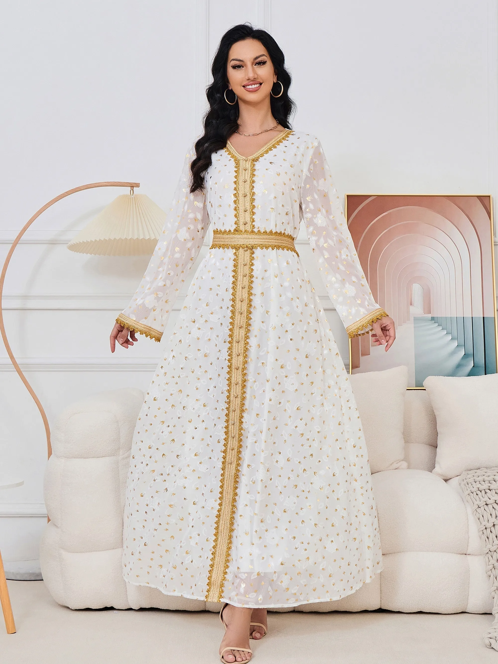 Stunning Floral V Neck Pendulum Maxi Dress - Elegant Long Sleeve, Belted, Woven Polyester Fabric, All-Season, Middle East Style - Perfect for Womens Formal Occasions