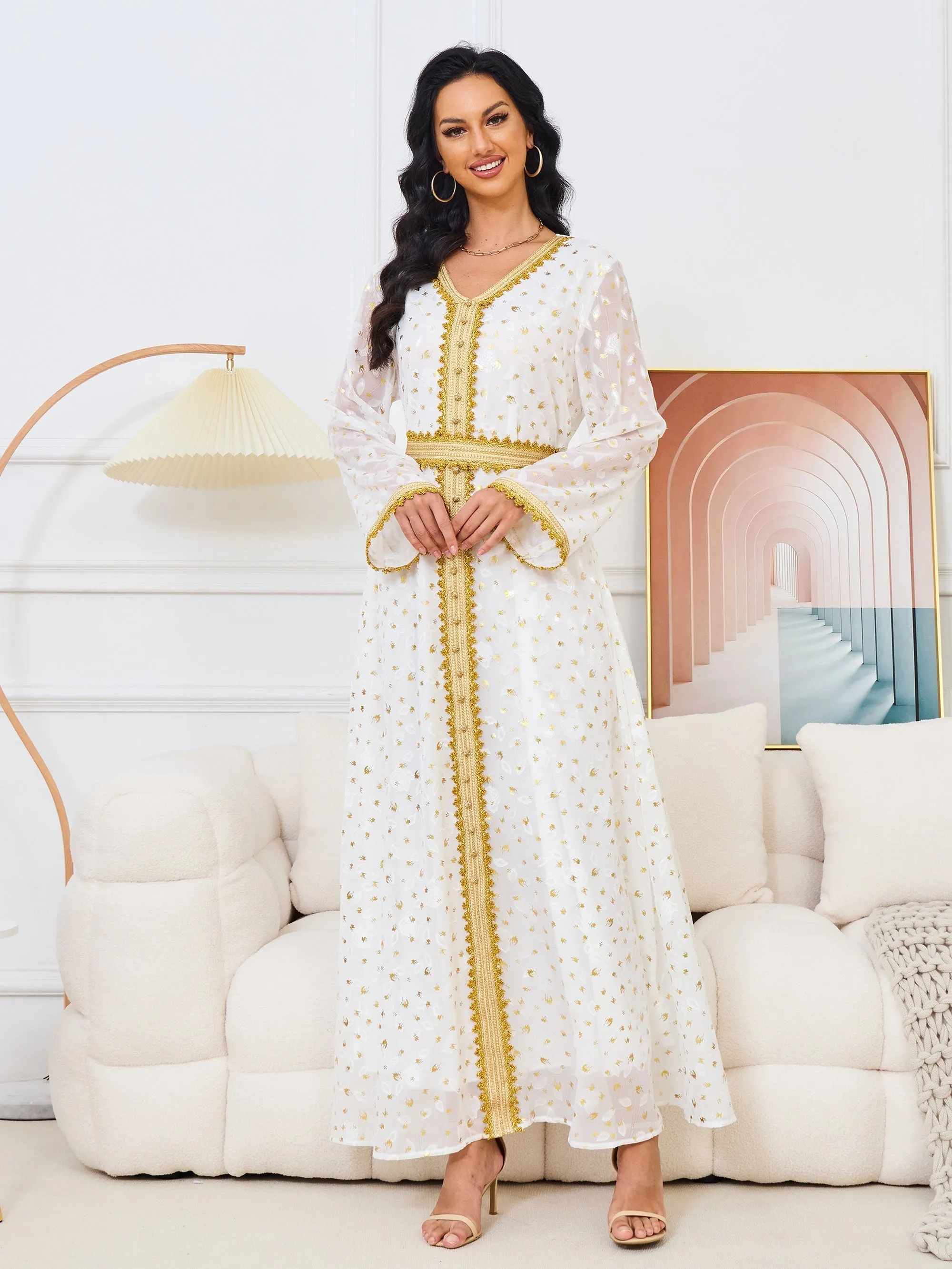 Stunning Floral V Neck Pendulum Maxi Dress - Elegant Long Sleeve, Belted, Woven Polyester Fabric, All-Season, Middle East Style - Perfect for Womens Formal Occasions