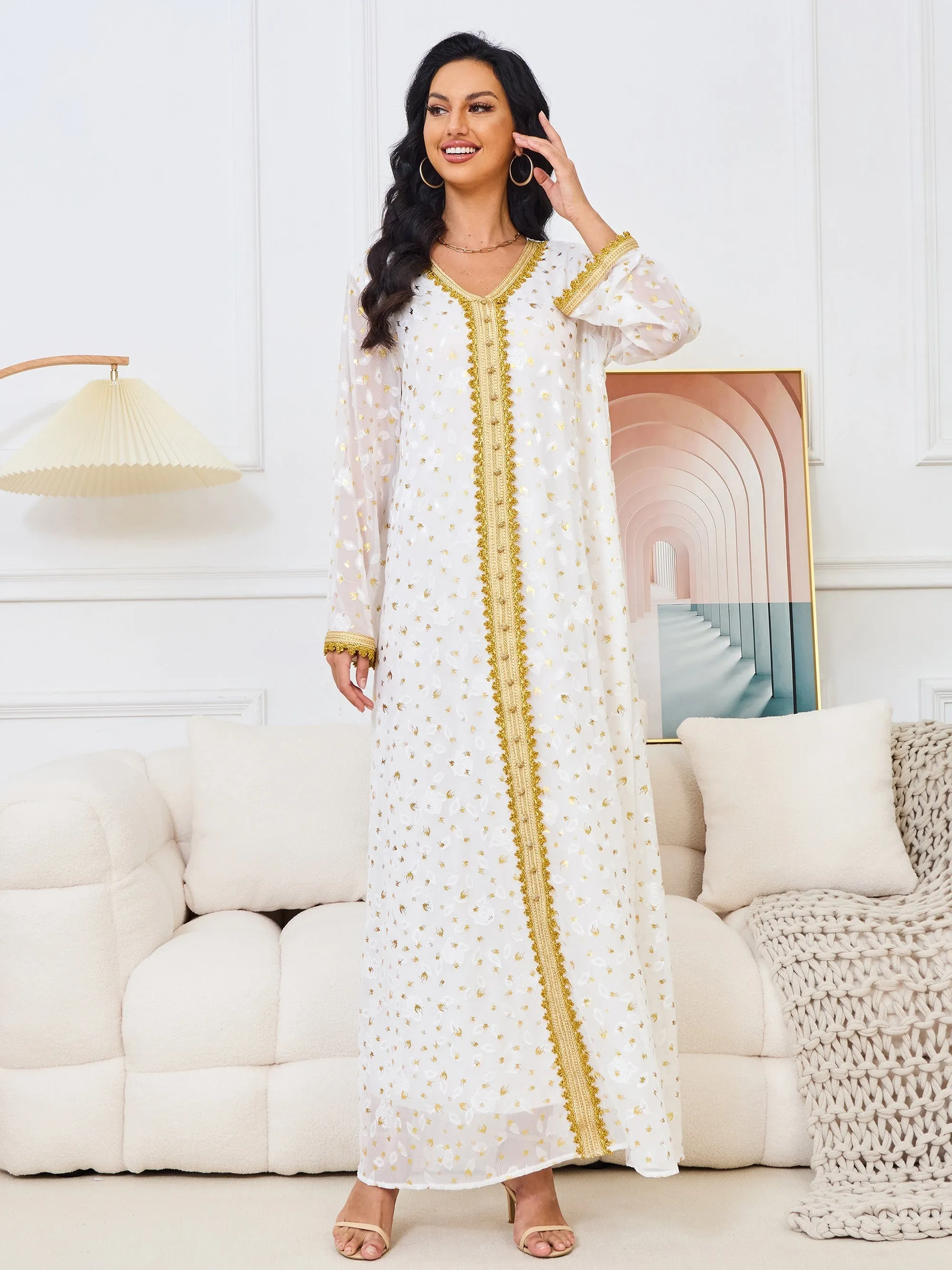 Stunning Floral V Neck Pendulum Maxi Dress - Elegant Long Sleeve, Belted, Woven Polyester Fabric, All-Season, Middle East Style - Perfect for Womens Formal Occasions