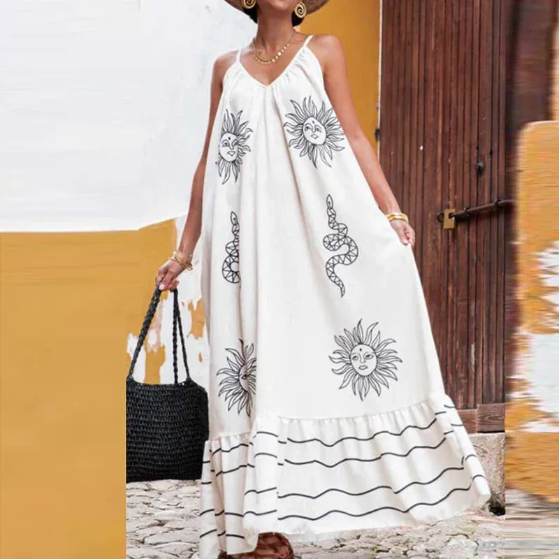 Summer Boho Vacation Loose Sexy V-Neck Floral Print Beach Casual Sleeveless Spaghetti Strap Long Floral 2024 Dress