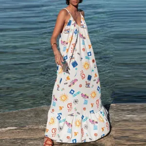 Summer Boho Vacation Loose Sexy V-Neck Floral Print Beach Casual Sleeveless Spaghetti Strap Long Floral 2024 Dress