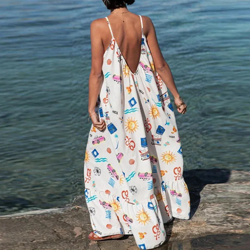 Summer Boho Vacation Loose Sexy V-Neck Floral Print Beach Casual Sleeveless Spaghetti Strap Long Floral 2024 Dress