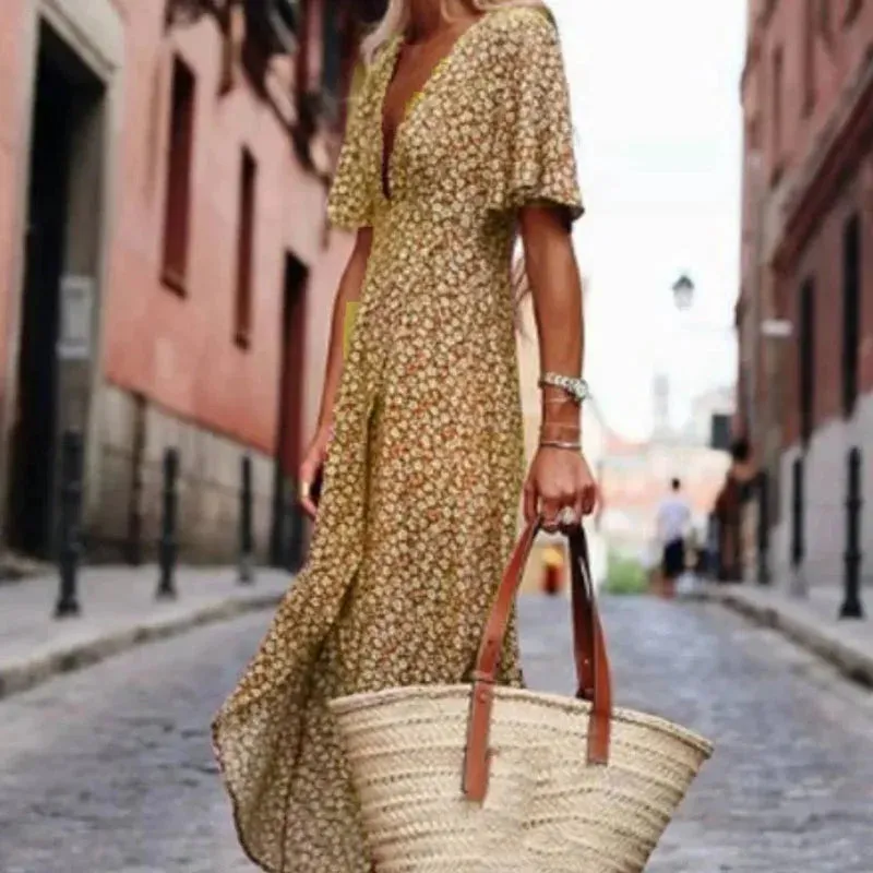 Summer Casual Hem Holiday Fashion Floral Print Women's Long 2024 Sexy V Neck High Waist Bohemian Floral New Dress