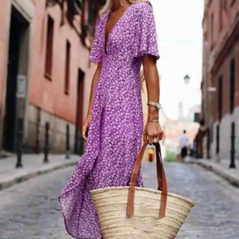 Summer Casual Hem Holiday Fashion Floral Print Women's Long 2024 Sexy V Neck High Waist Bohemian Floral New Dress