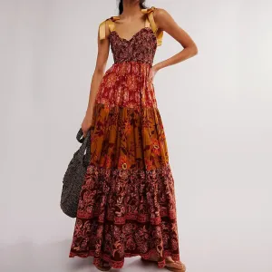 Summer Casual Pleated Long Vintage Floral Print High Waist Beach Women V-Neck Bow Spaghetti Strap Floral Bohemian Dress