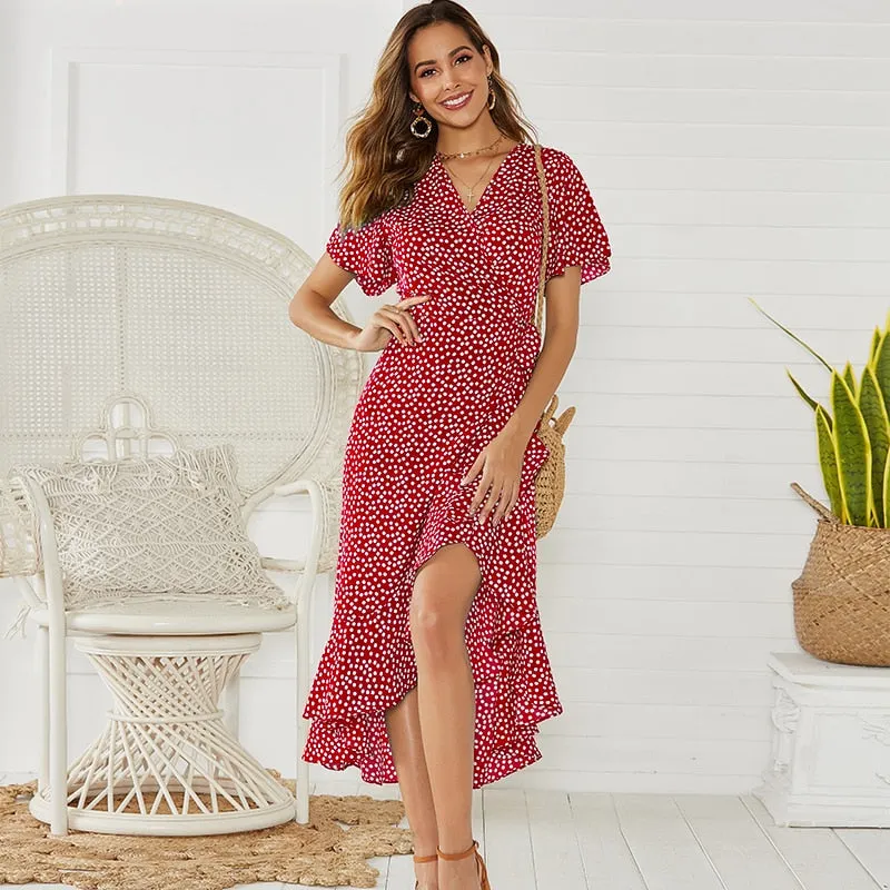 Summer Floral Print Boho Long Ruffles Wrap Casual V-Neck Split Sexy Party Robe Beach Maxi Dress