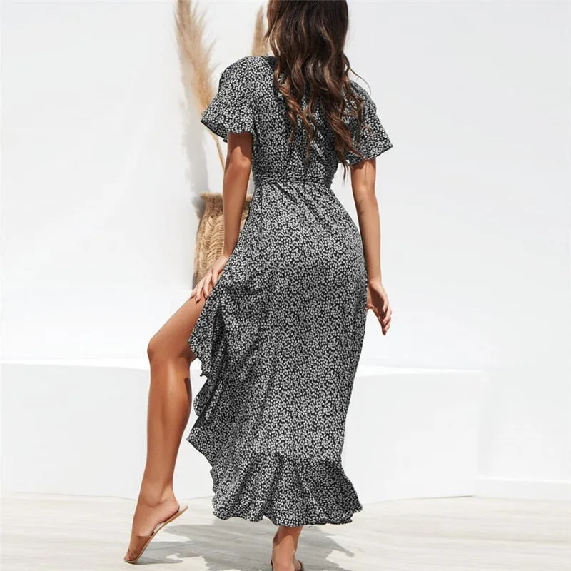 Summer Floral Print Boho Long Ruffles Wrap Casual V-Neck Split Sexy Party Robe Beach Maxi Dress