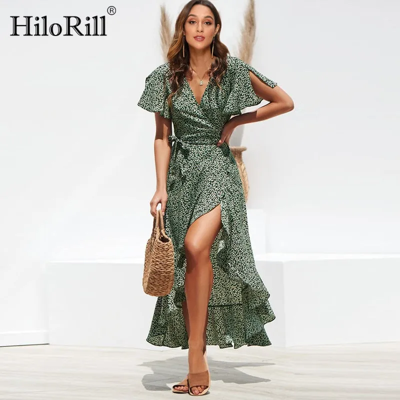 Summer Floral Print Boho Long Ruffles Wrap Casual V-Neck Split Sexy Party Robe Beach Maxi Dress