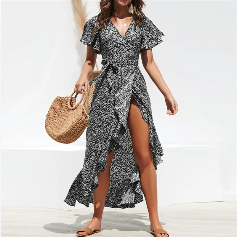 Summer Floral Print Boho Long Ruffles Wrap Casual V-Neck Split Sexy Party Robe Beach Maxi Dress