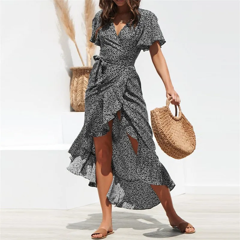 Summer Floral Print Boho Long Ruffles Wrap Casual V-Neck Split Sexy Party Robe Beach Maxi Dress